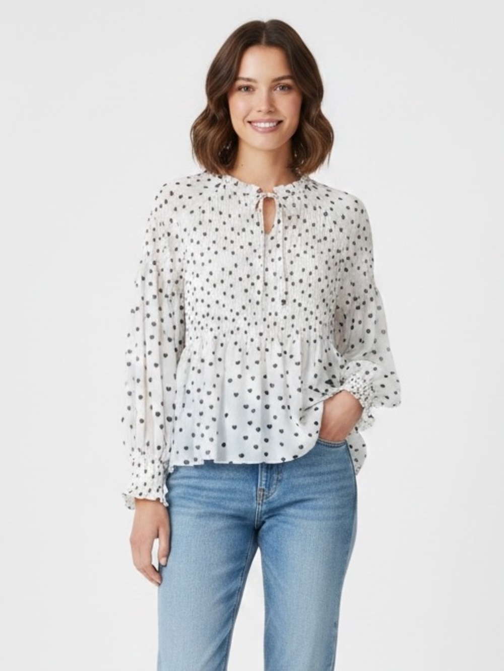 Rose & Olive Heart Print Smocked Peplum Blouse Size medium